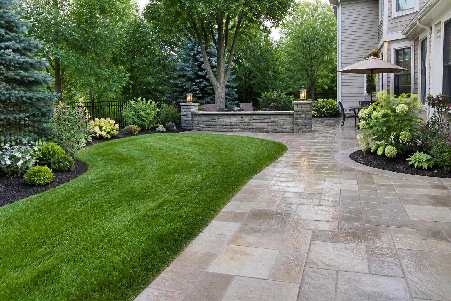 Clean stone patio beside a freshly edged lawn and carefully maintained garden beds