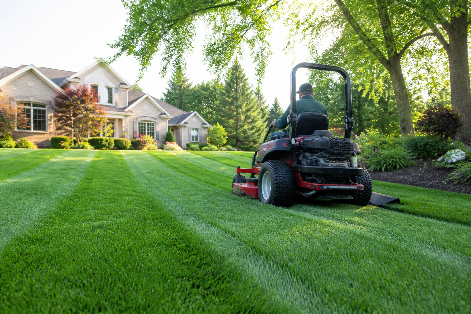 Professional zero-turn mower cutting clean stripes into a large green residential lawn