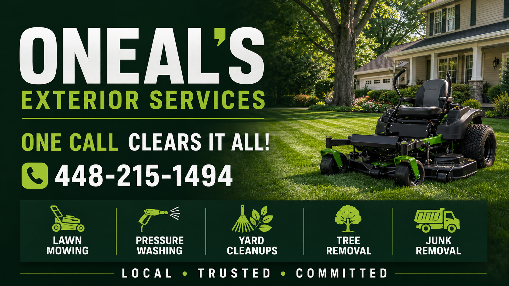 Modern Oneal's Exterior Services advertisement with phone number and lawn mowing, pressure washing, yard cleanup, tree removal, and junk removal services